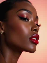 close-up of Elegant profile shot of a woman with classic Hollywood makeup, featuring bold eyebrows and red lips. set against a soft, pastel background