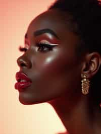 close-up of Elegant profile shot of a woman with classic Hollywood makeup, featuring bold eyebrows and red lips. set against a soft, pastel background