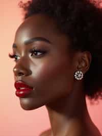 close-up of Elegant profile shot of a woman with classic Hollywood makeup, featuring bold eyebrows and red lips. set against a soft, pastel background