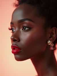 close-up of Elegant profile shot of a woman with classic Hollywood makeup, featuring bold eyebrows and red lips. set against a soft, pastel background