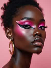 close-up of Model with an avant-garde makeup look, including graphic eyeliner shapes and vibrant cheek colors. set against a soft, pastel background