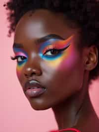 close-up of Model with an avant-garde makeup look, including graphic eyeliner shapes and vibrant cheek colors. set against a soft, pastel background