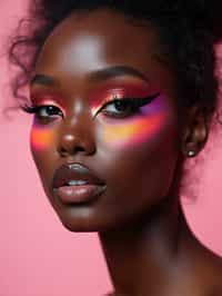 close-up of Model with an avant-garde makeup look, including graphic eyeliner shapes and vibrant cheek colors. set against a soft, pastel background