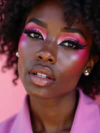 close-up of Model with an avant-garde makeup look, including graphic eyeliner shapes and vibrant cheek colors. set against a soft, pastel background