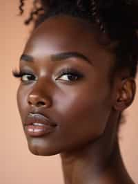 close-up of Beauty shot of woman featuring dewy skin, natural makeup look with nude lips and fluttery lashes. set against a soft, pastel background