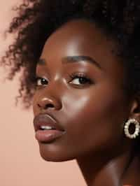 close-up of Beauty shot of woman featuring dewy skin, natural makeup look with nude lips and fluttery lashes. set against a soft, pastel background