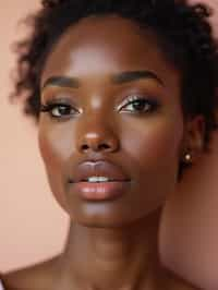 close-up of Beauty shot of woman featuring dewy skin, natural makeup look with nude lips and fluttery lashes. set against a soft, pastel background