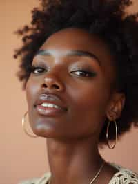 close-up of Beauty shot of woman featuring dewy skin, natural makeup look with nude lips and fluttery lashes. set against a soft, pastel background