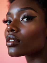 close-up of Model sporting winged eyeliner and matte skin finish. set against a soft, pastel background