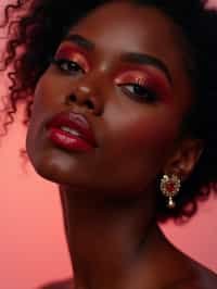 close-up of Model with a bold red lipstick and smokey eye makeup, her face half-lit in dramatic lighting. set against a soft, pastel background