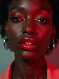 close-up of Model with a bold red lipstick and smokey eye makeup, her face half-lit in dramatic lighting. set against a soft, pastel background