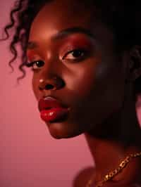 close-up of Model with a bold red lipstick and smokey eye makeup, her face half-lit in dramatic lighting. set against a soft, pastel background