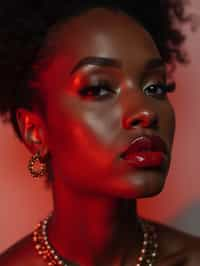 close-up of Model with a bold red lipstick and smokey eye makeup, her face half-lit in dramatic lighting. set against a soft, pastel background