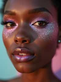 close-up of woman with glittery eye shadow and high-shine gloss, set against a soft, pastel background