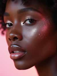 close-up of woman with glittery eye shadow and high-shine gloss, set against a soft, pastel background