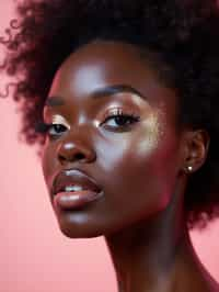 close-up of woman with glittery eye shadow and high-shine gloss, set against a soft, pastel background