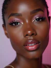 close-up of woman with glittery eye shadow and high-shine gloss, set against a soft, pastel background