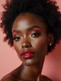 close up of woman with a bold red lipstick and smokey eye makeup. set against a soft, pastel background