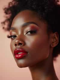 close up of woman with a bold red lipstick and smokey eye makeup. set against a soft, pastel background