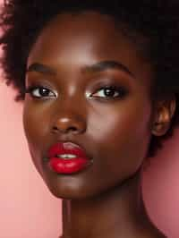 close up of woman with a bold red lipstick and smokey eye makeup. set against a soft, pastel background