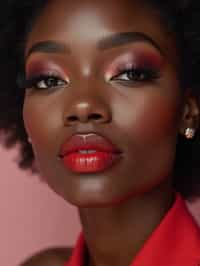 close up of woman with a bold red lipstick and smokey eye makeup. set against a soft, pastel background