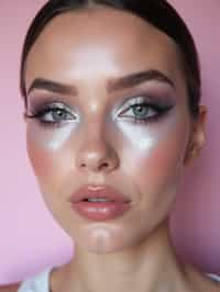 close-up of Futuristic makeup with metallic eyeshadow and sharp contouring. set against a soft, pastel background