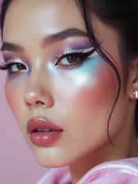 close-up of Futuristic makeup with metallic eyeshadow and sharp contouring. set against a soft, pastel background