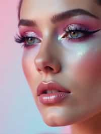 close-up of Futuristic makeup with metallic eyeshadow and sharp contouring. set against a soft, pastel background