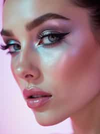 close-up of Futuristic makeup with metallic eyeshadow and sharp contouring. set against a soft, pastel background