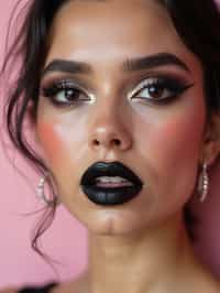 close-up of Edgy makeup look with dark, glossy lips and contoured cheeks. set against a soft, pastel background