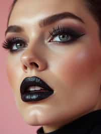 close-up of Edgy makeup look with dark, glossy lips and contoured cheeks. set against a soft, pastel background