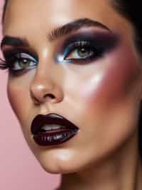 close-up of Edgy makeup look with dark, glossy lips and contoured cheeks. set against a soft, pastel background