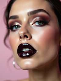 close-up of Edgy makeup look with dark, glossy lips and contoured cheeks. set against a soft, pastel background