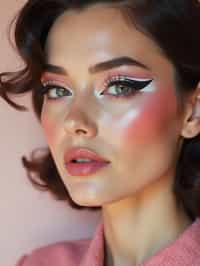 close-up of Model with a retro 60s makeup vibe, featuring thick eyeliner and pastel eyeshadow, paired with a vintage hairstyle. set against a soft, pastel background