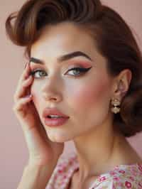 close-up of Model with a retro 60s makeup vibe, featuring thick eyeliner and pastel eyeshadow, paired with a vintage hairstyle. set against a soft, pastel background