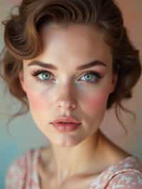 close-up of Model with a retro 60s makeup vibe, featuring thick eyeliner and pastel eyeshadow, paired with a vintage hairstyle. set against a soft, pastel background