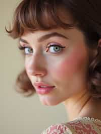 close-up of Model with a retro 60s makeup vibe, featuring thick eyeliner and pastel eyeshadow, paired with a vintage hairstyle. set against a soft, pastel background