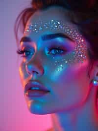 close-up of Artistic makeup with face jewels and iridescent highlighter, captured under a UV light for a glowing effect. set against a soft, pastel background