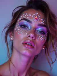 close-up of Artistic makeup with face jewels and iridescent highlighter, captured under a UV light for a glowing effect. set against a soft, pastel background