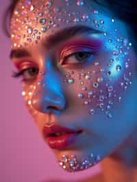 close-up of Artistic makeup with face jewels and iridescent highlighter, captured under a UV light for a glowing effect. set against a soft, pastel background