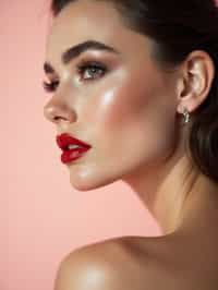 close-up of Elegant profile shot of a woman with classic Hollywood makeup, featuring bold eyebrows and red lips. set against a soft, pastel background