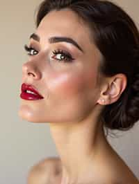 close-up of Elegant profile shot of a woman with classic Hollywood makeup, featuring bold eyebrows and red lips. set against a soft, pastel background