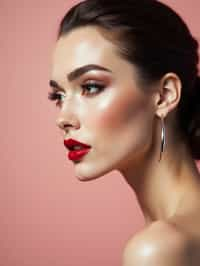 close-up of Elegant profile shot of a woman with classic Hollywood makeup, featuring bold eyebrows and red lips. set against a soft, pastel background