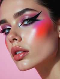 close-up of Model with an avant-garde makeup look, including graphic eyeliner shapes and vibrant cheek colors. set against a soft, pastel background