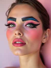 close-up of Model with an avant-garde makeup look, including graphic eyeliner shapes and vibrant cheek colors. set against a soft, pastel background