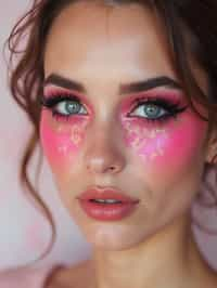 close-up of Model with an avant-garde makeup look, including graphic eyeliner shapes and vibrant cheek colors. set against a soft, pastel background