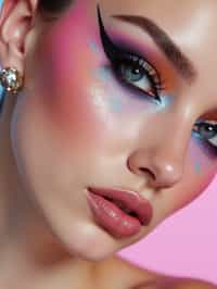 close-up of Model with an avant-garde makeup look, including graphic eyeliner shapes and vibrant cheek colors. set against a soft, pastel background