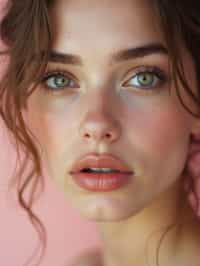 close-up of Beauty shot of woman featuring dewy skin, natural makeup look with nude lips and fluttery lashes. set against a soft, pastel background