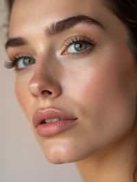 close-up of Beauty shot of woman featuring dewy skin, natural makeup look with nude lips and fluttery lashes. set against a soft, pastel background