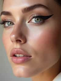 close-up of Model sporting winged eyeliner and matte skin finish. set against a soft, pastel background